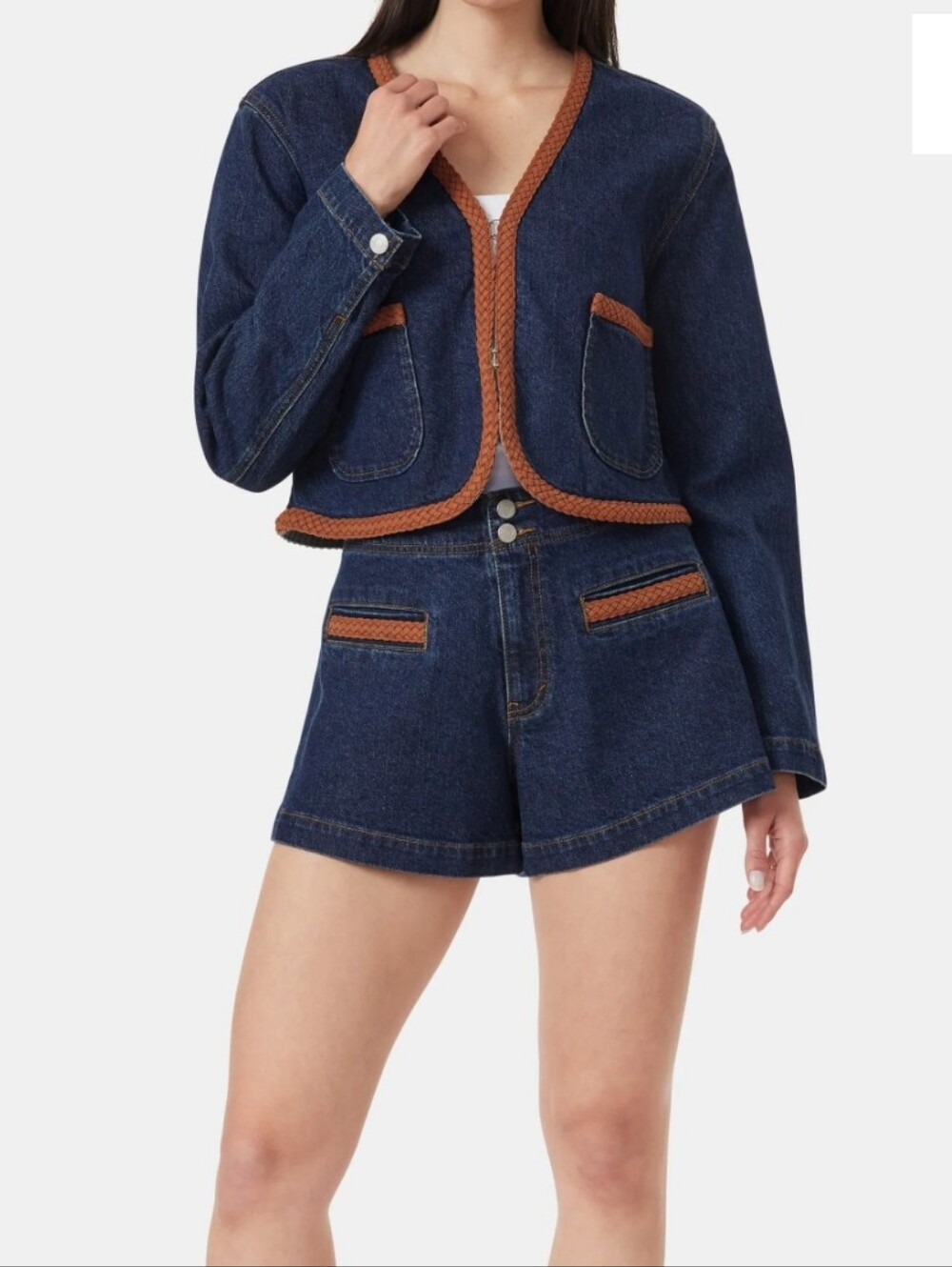 Habitual Denim Cropped Jacket & Shorts Set with Braided Brown Trim Small New